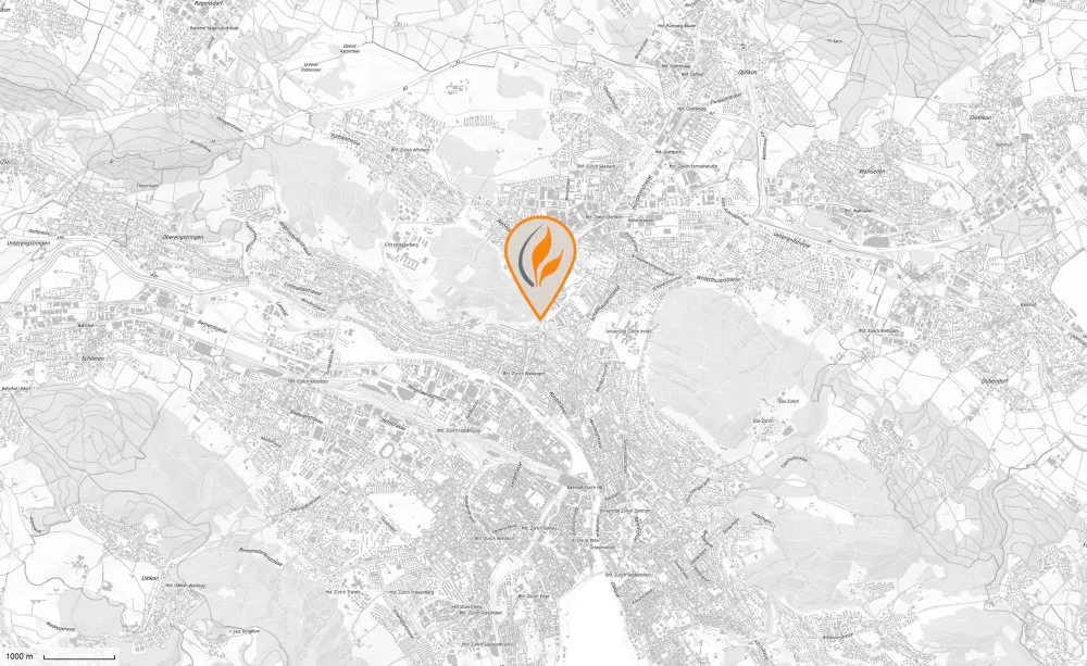 Map of Zurich City with Guggach Apartments location