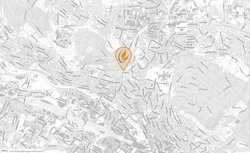 Map of Zurich City with Guggach Apartments location