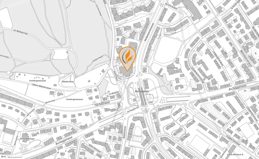 Map with Guggach Apartments view of city at Bucheggplatz